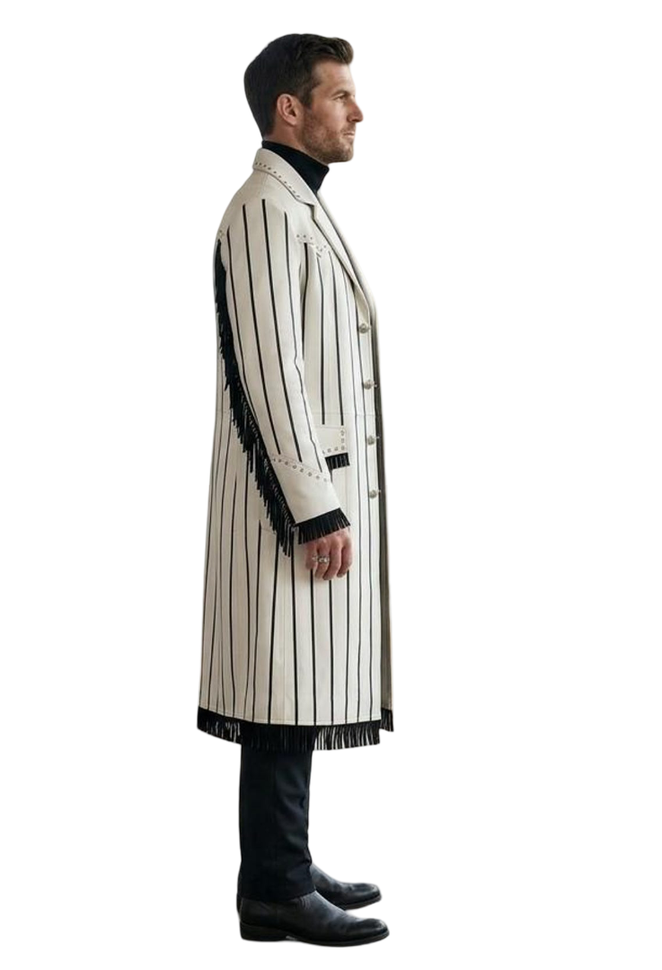  Side view of men white leather western duster coat with fringe and black stripe detail