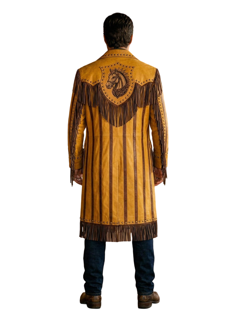 Back view showing bull skull embroidery on yellow leather western duster coat