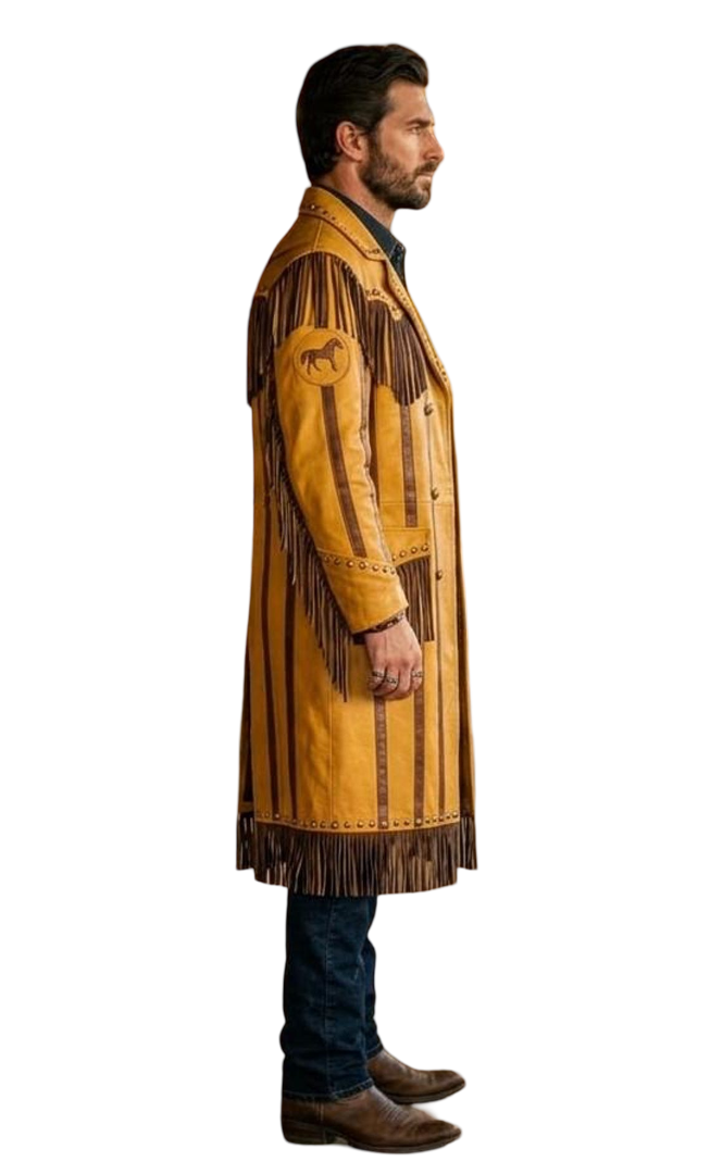 Side profile of yellow leather cowboy duster coat for men