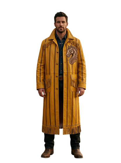 Front view of men yellow leather western duster coat with fringe detailing