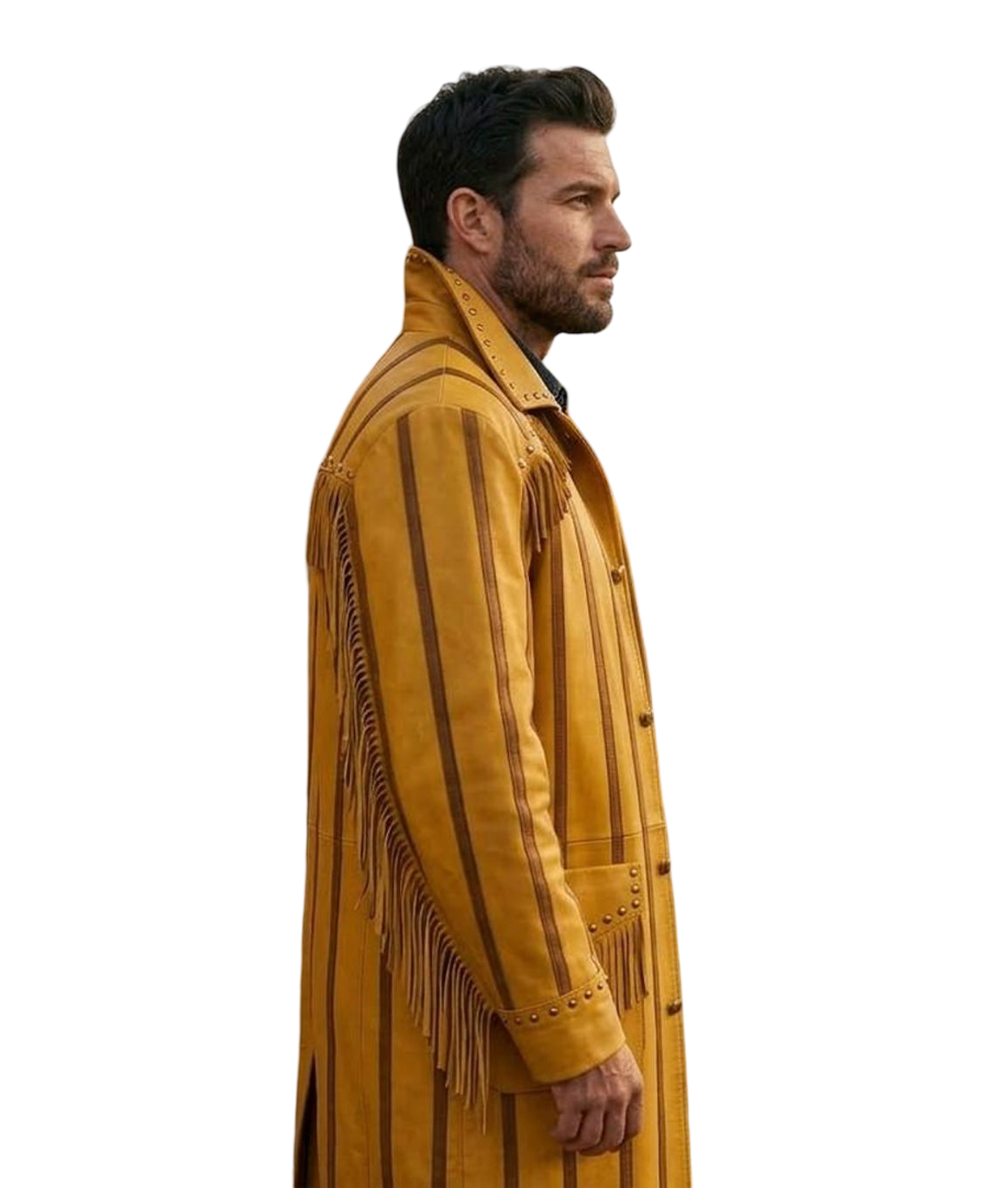Side angle of men fringe western leather trench coat in bold yellow