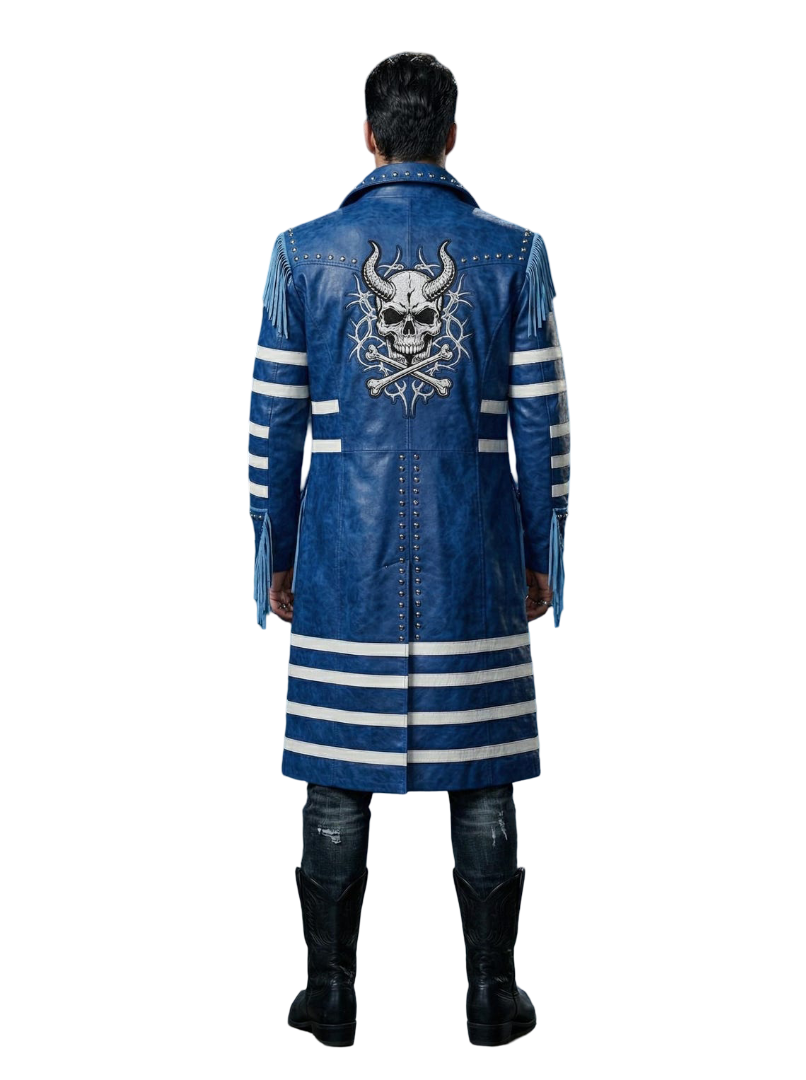  Back view of mens royal blue skull leather coat