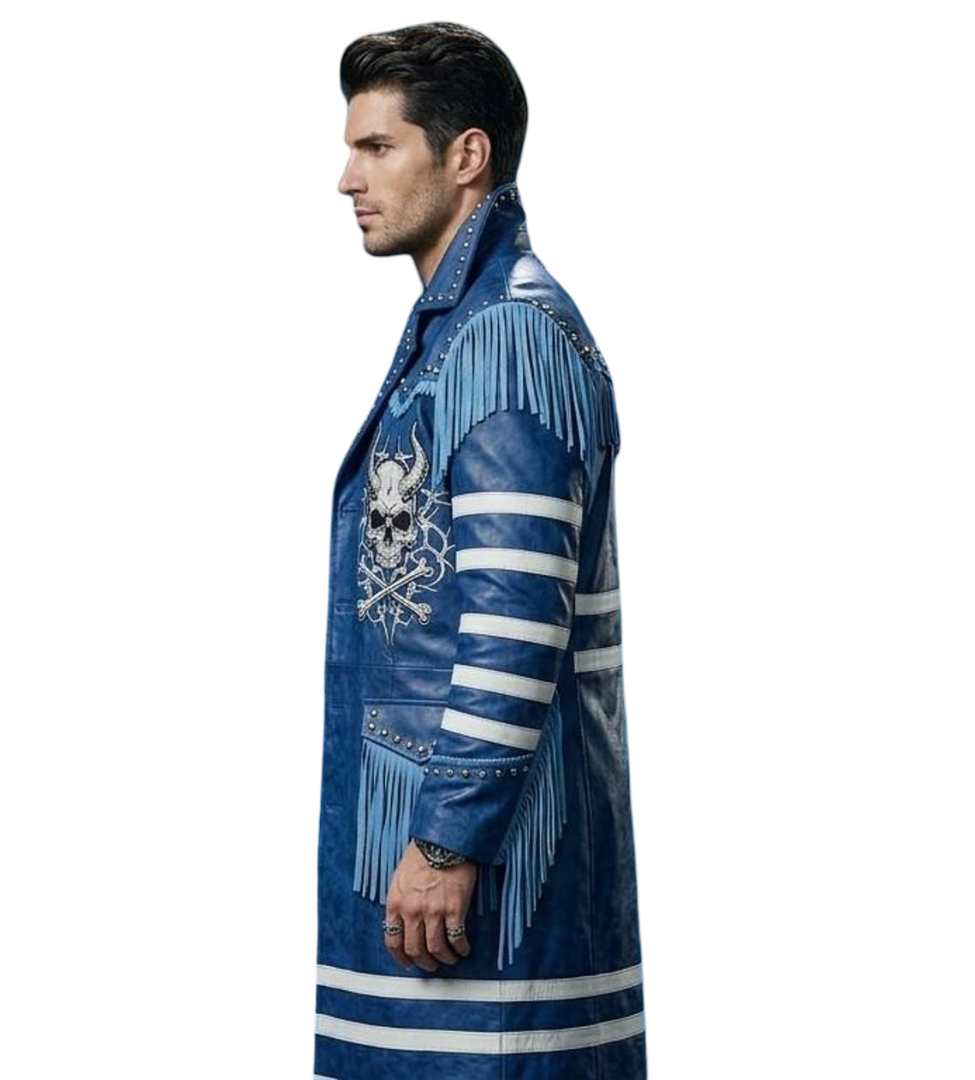 Side profile of mens gothic leather trench coat in royal blue