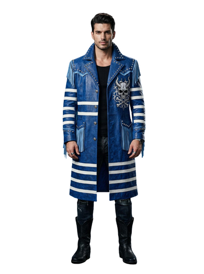 Front view of mens royal blue gothic skull leather trench coat