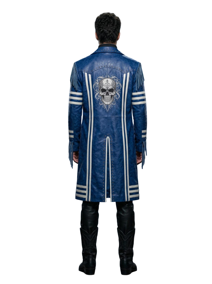  Back view of royal blue skull embroidered leather coat