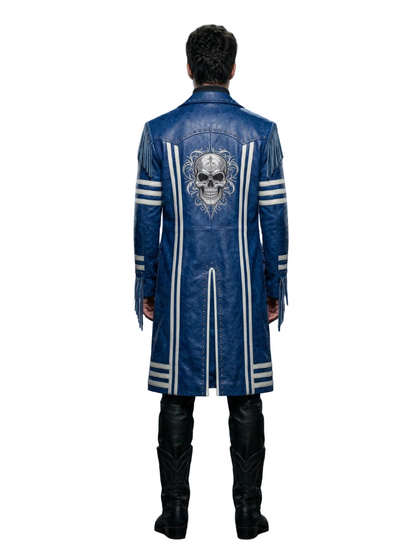  Back view of royal blue skull embroidered leather coat