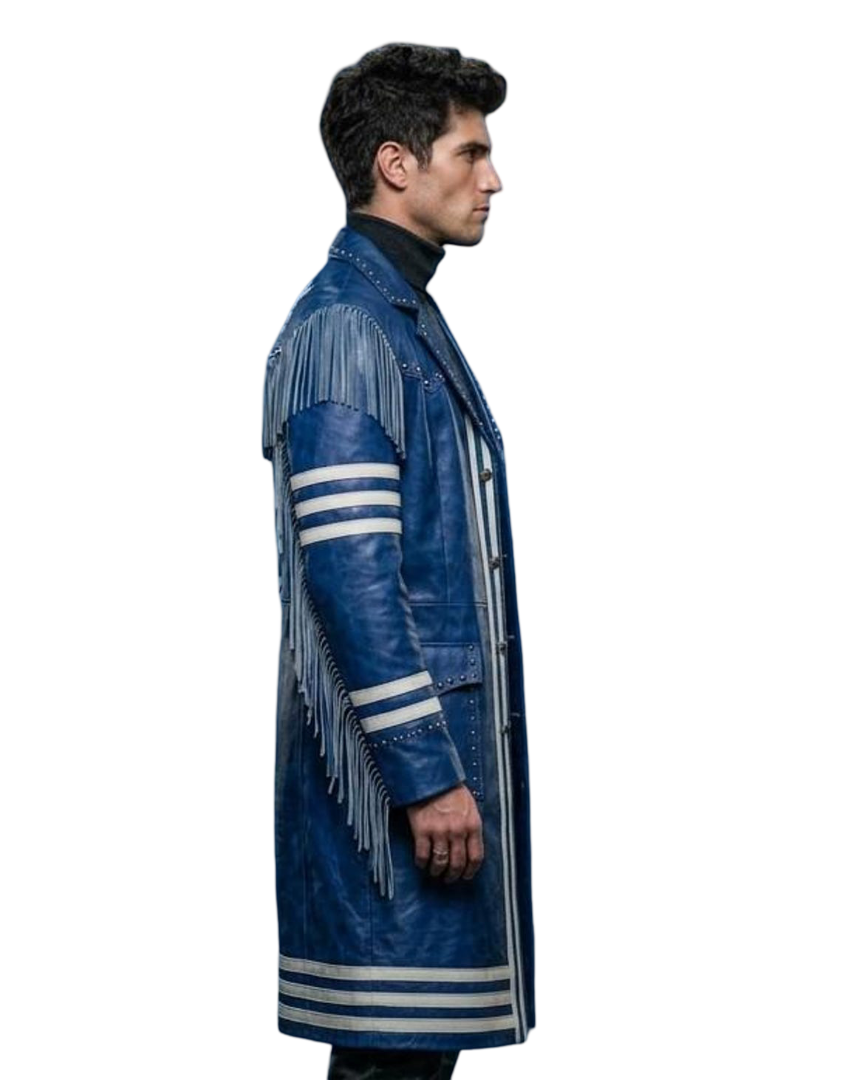  Side profile of royal blue studded leather trench coat