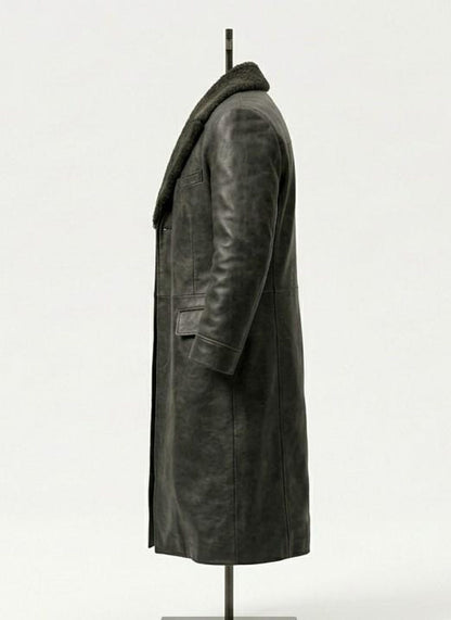 Side profile of mens winter leather overcoat with fur collar
