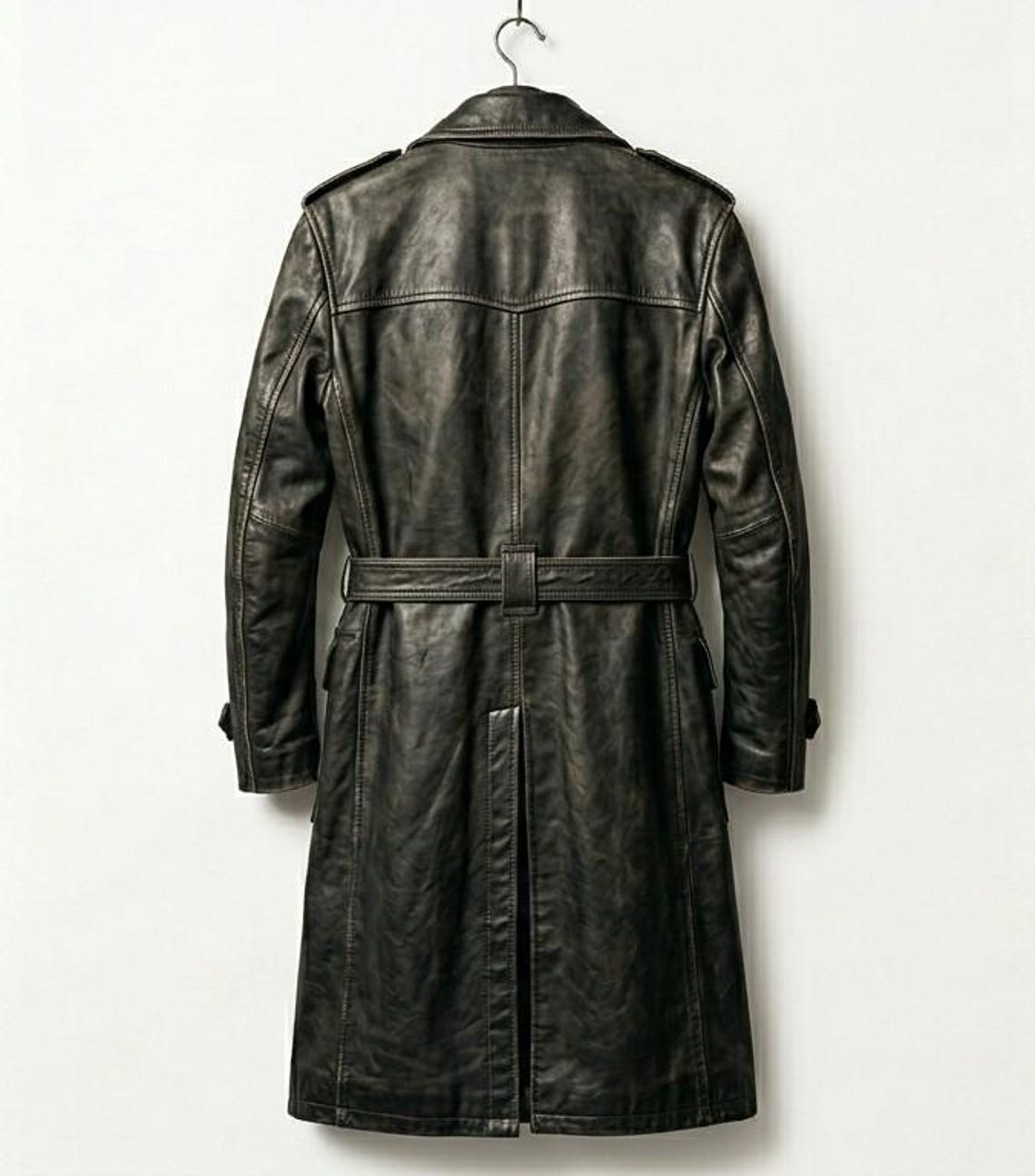 Back view of military style black leather trench overcoat