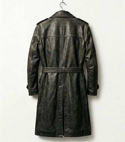 Back view of military style black leather trench overcoat