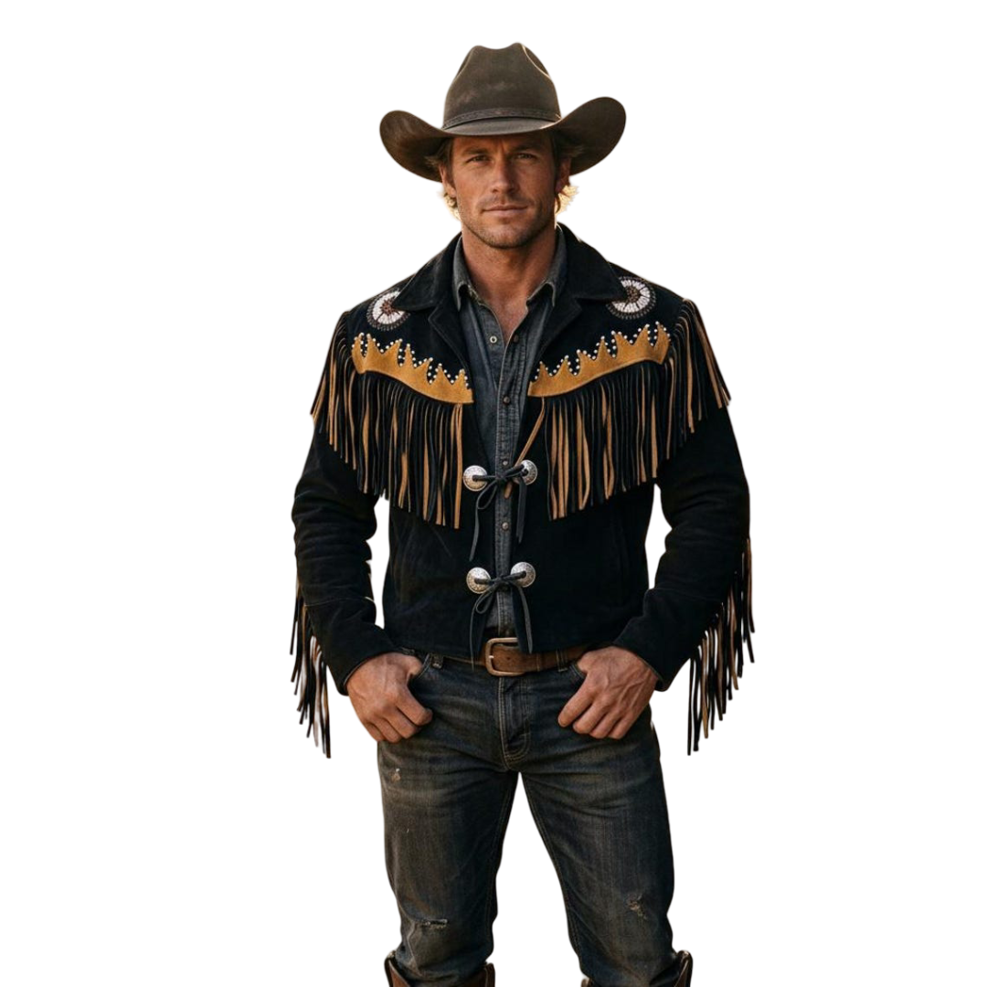 Front view of men western fringe leather cowboy jacket in black suede