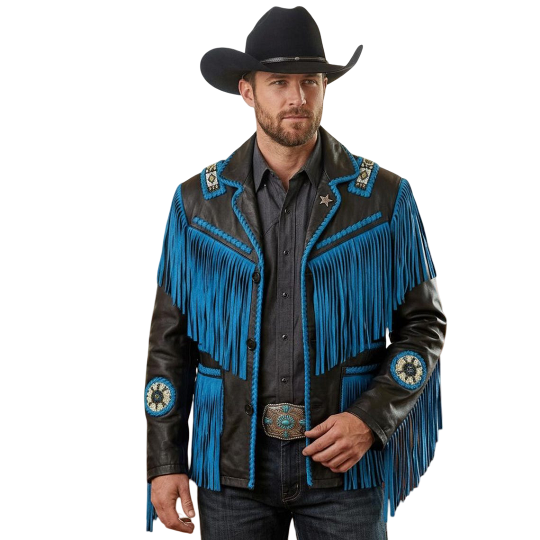 Front view of men western fringe suede leather jacket in black vintage ranch style