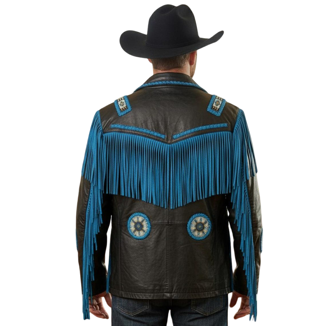 Back view of men rodeo style fringe leather jacket