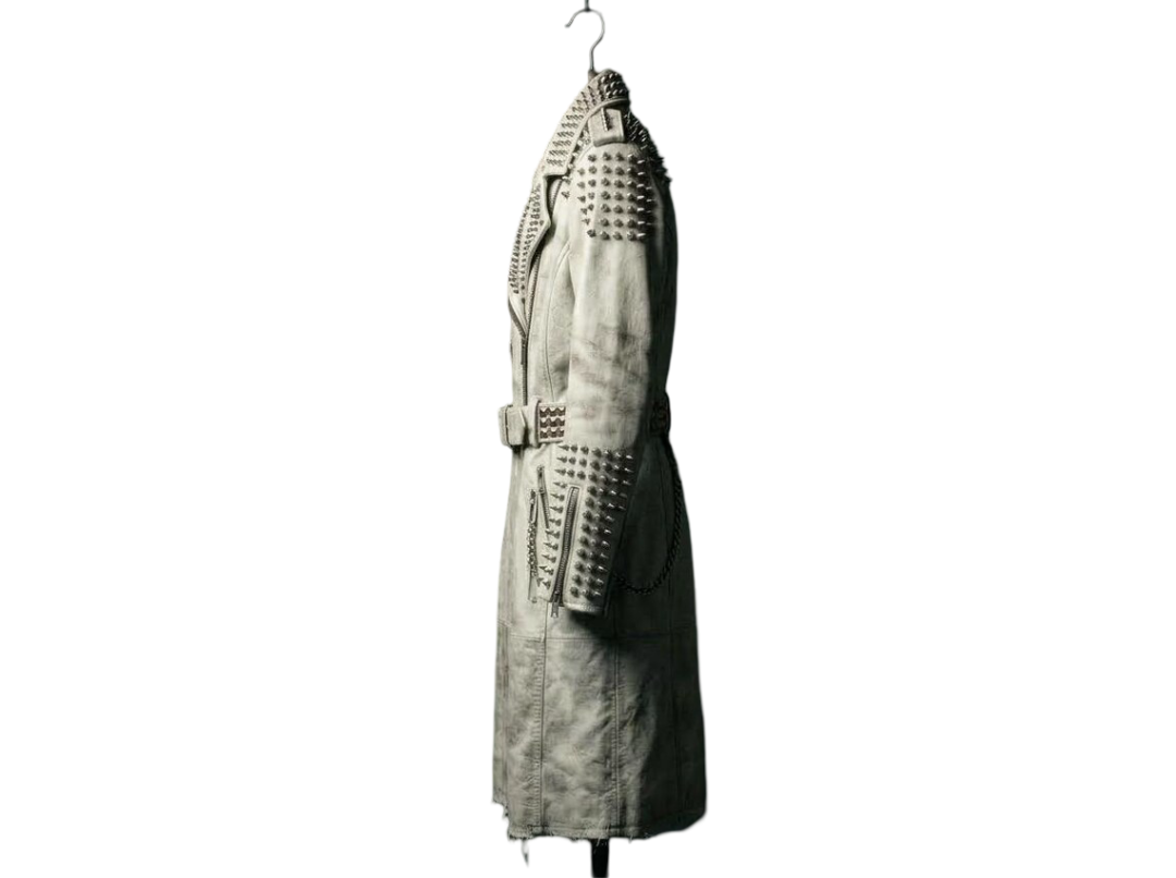 Side profile of Brando leather long coat with structured fit