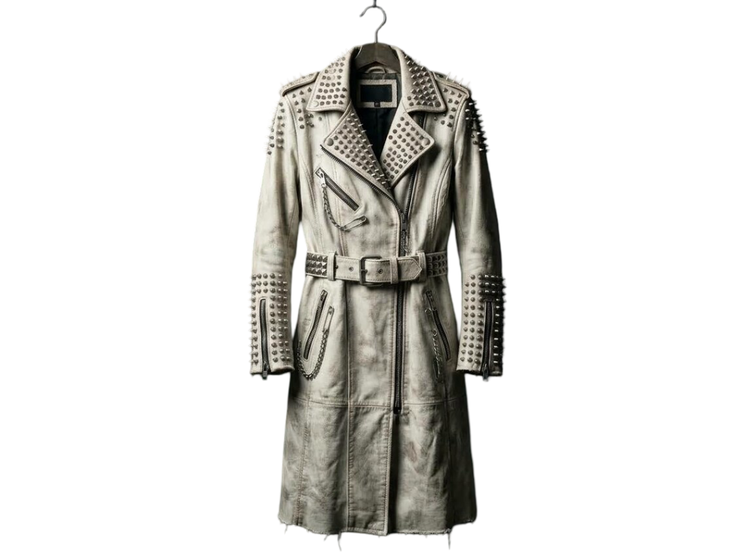 Front view of Brando leather long coat with spike detail