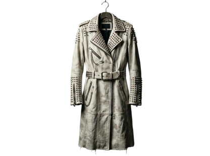 Front view of Brando leather long coat with spike detail