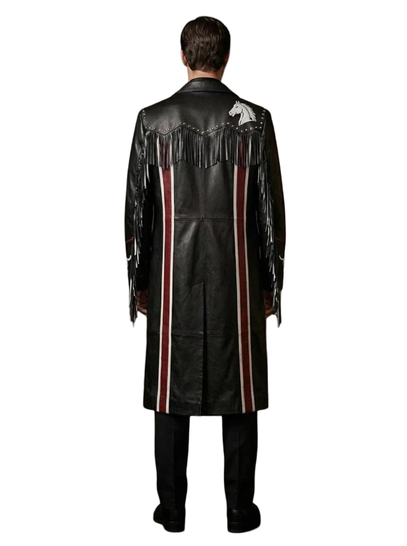 Back view of studded black leather overcoat with fringe design
