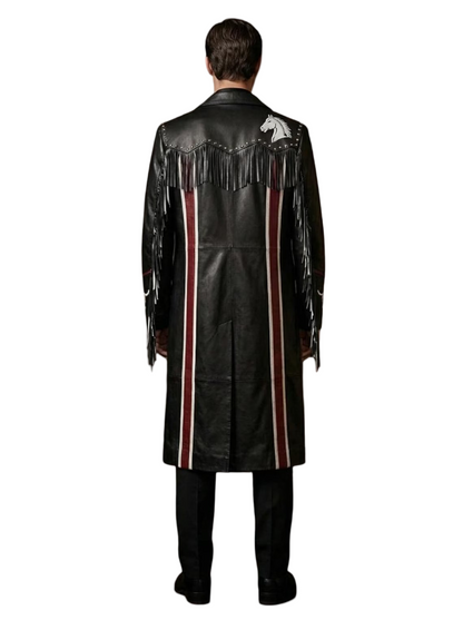 Back view of studded black leather overcoat with fringe design