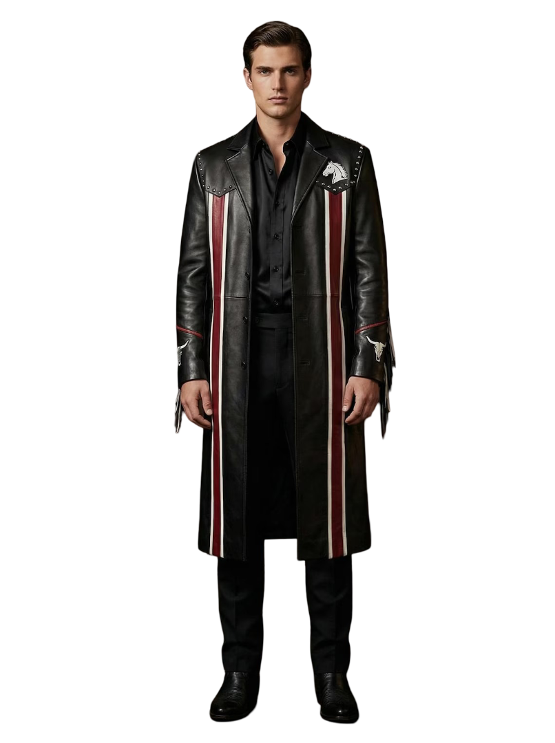 Front view of men black leather fringe coat with stud detailing