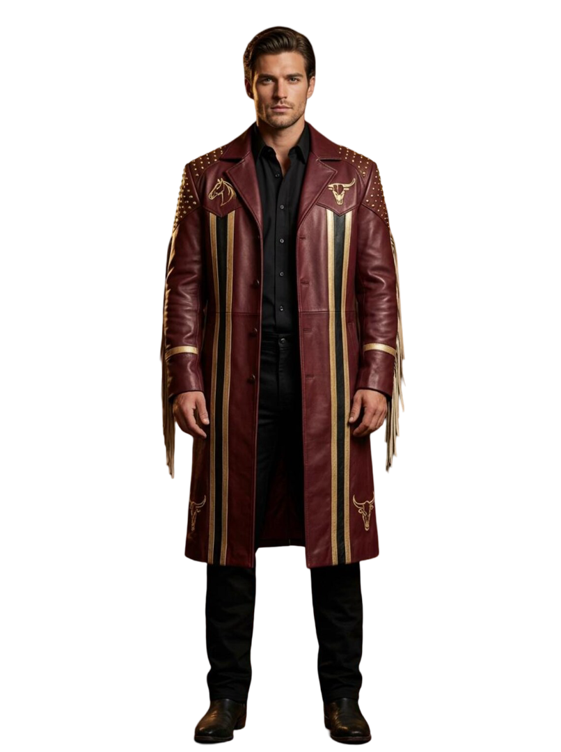 Front view of mens burgundy leather fringe trench coat with studded bull skull