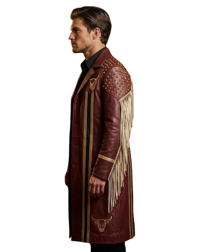 Side profile of gothic western burgundy leather coat