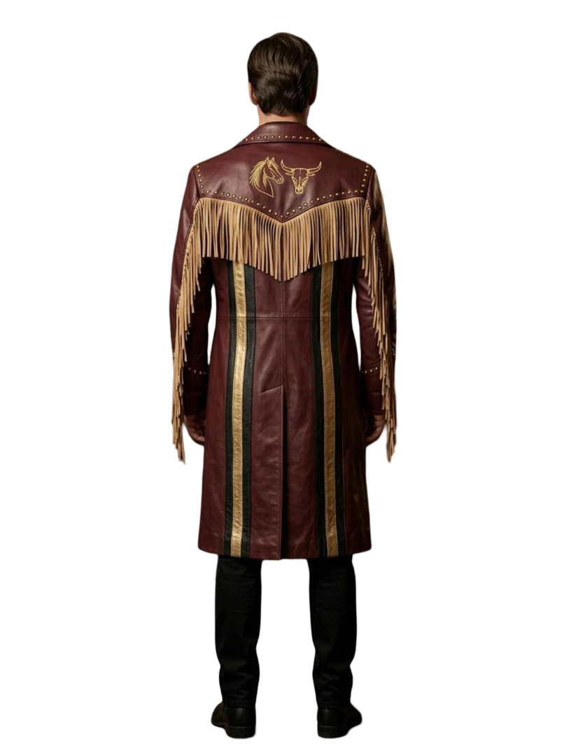 Back view of gothic punk leather coat with embroidered design