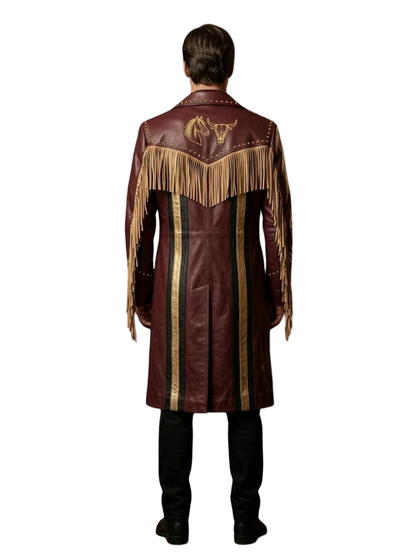 Back view of gothic punk leather coat with embroidered design