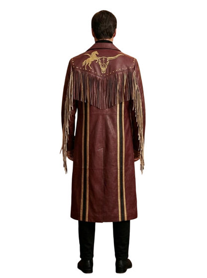 Back view of mens burgundy leather long coat featuring bull skull embroidery