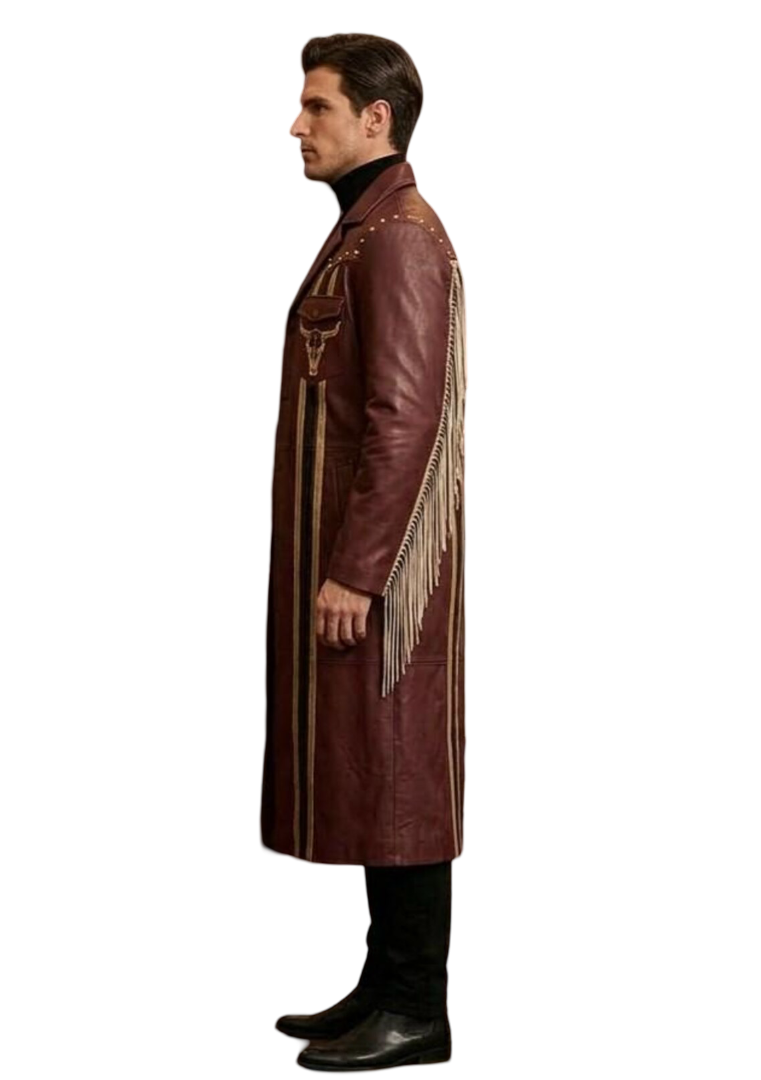 Side angle of burgundy gothic western leather coat with studded detailing