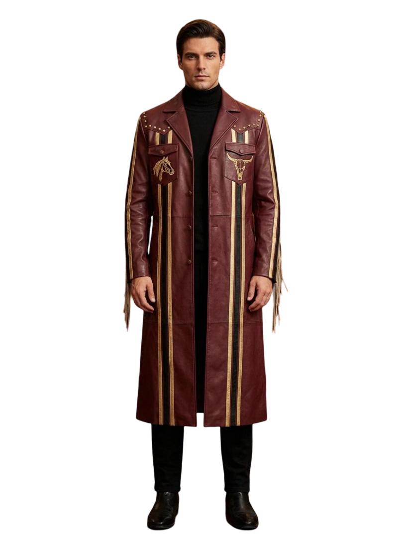  Front view of men gothic western burgundy leather trench coat with fringe tassels and bull skull embroidery