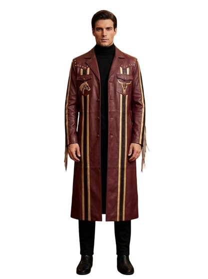  Front view of men gothic western burgundy leather trench coat with fringe tassels and bull skull embroidery