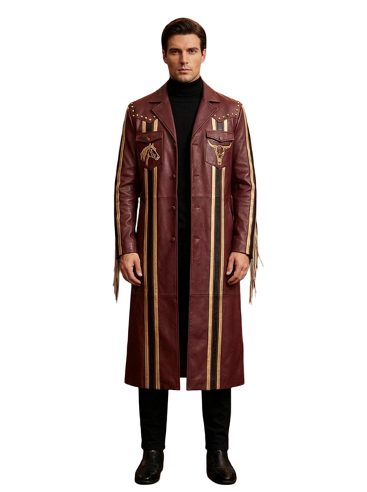  Front view of men gothic western burgundy leather trench coat with fringe tassels and bull skull embroidery