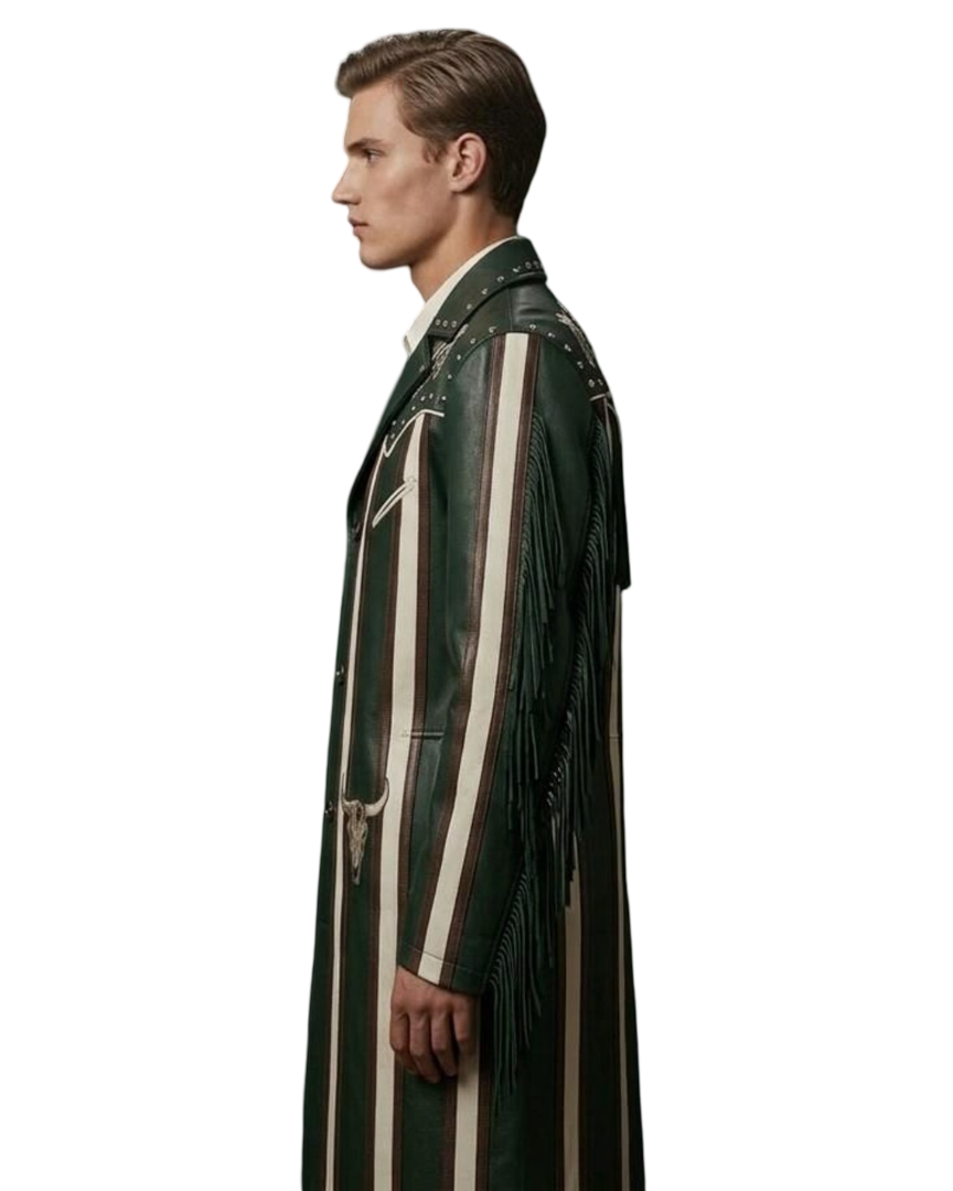 Side profile of boho style men western leather trench coat