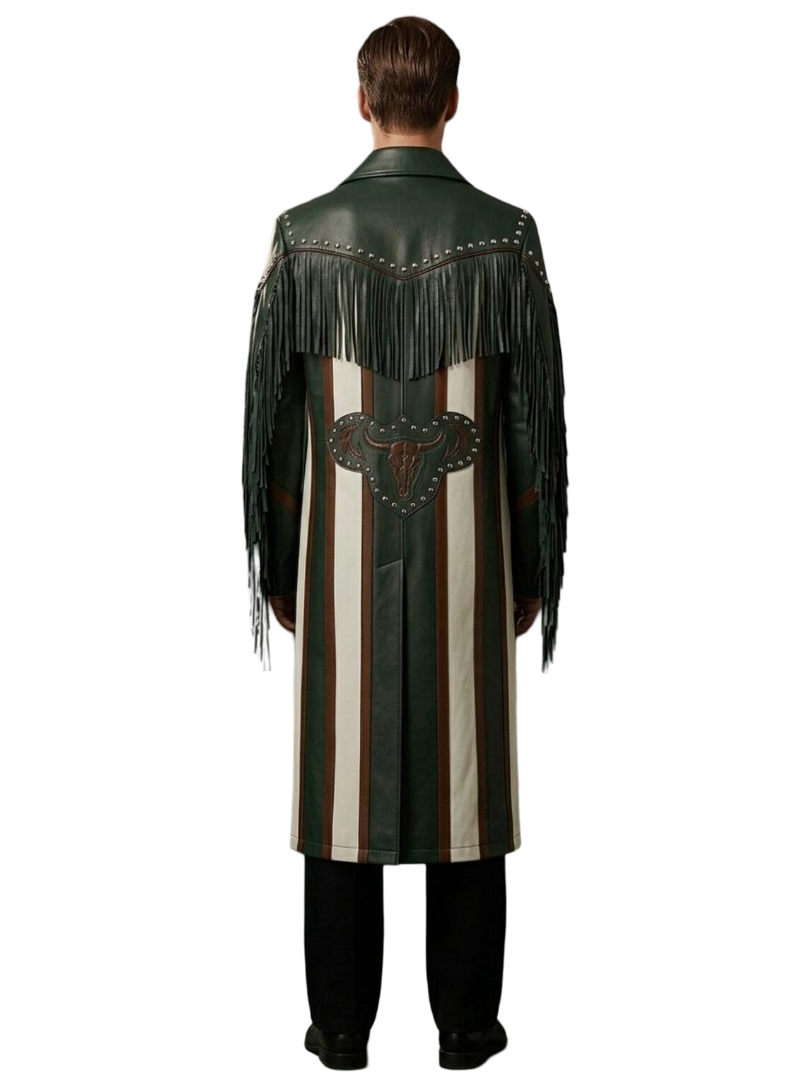 Back view showing skull and horse embroidery on green western leather coat