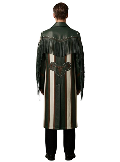 Back view showing skull and horse embroidery on green western leather coat