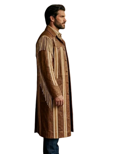 Side profile of men brown western leather trench coat with fringe