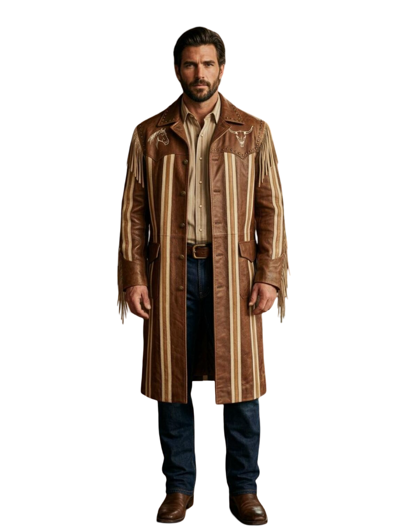 Front view of men brown leather western duster coat with striped fringe