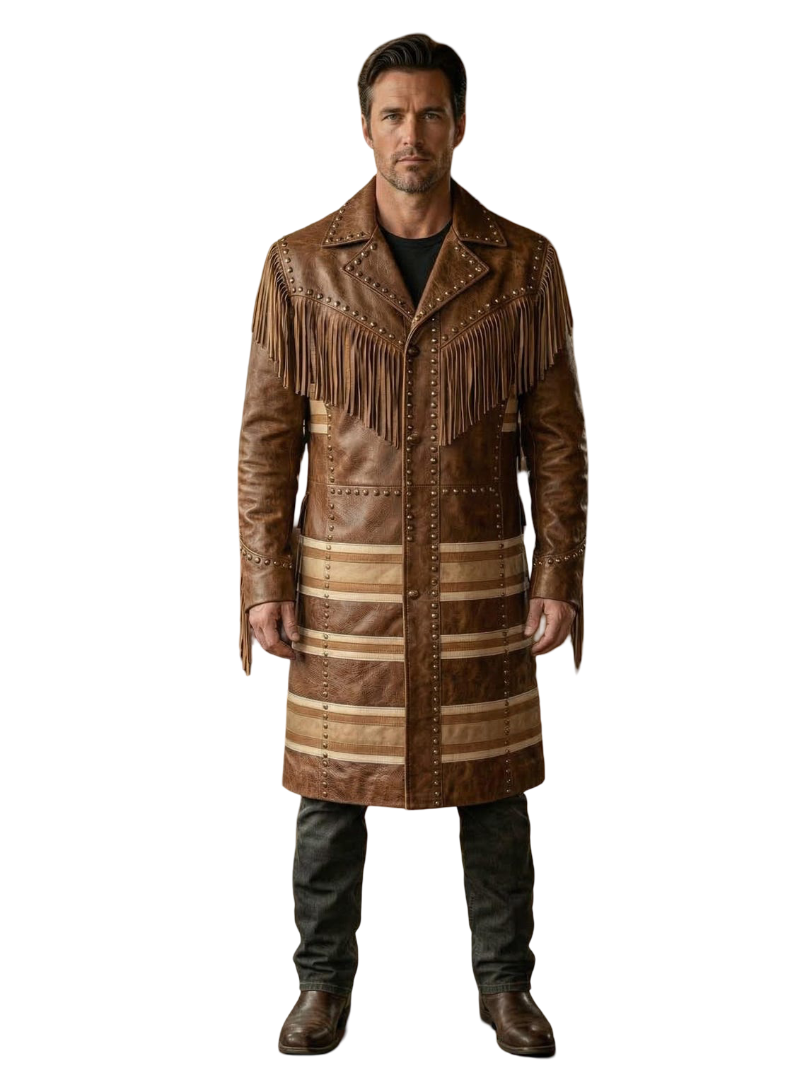 Front view of men western brown leather duster coat with fringe detail