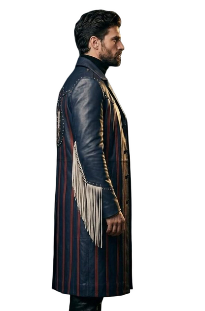 Side view of men rock style navy leather trench coat in urban setting