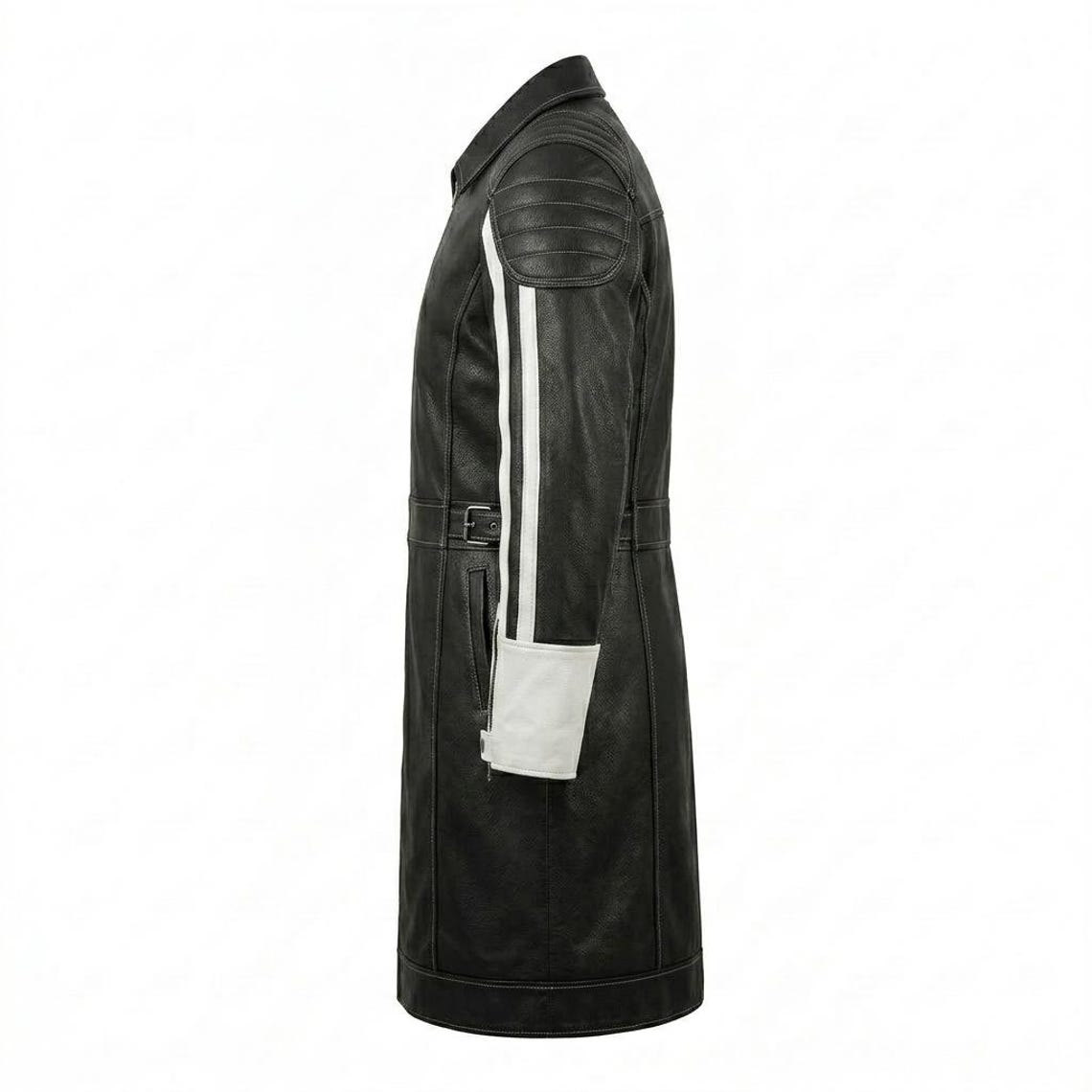 Side profile of black white leather biker trench coat for men