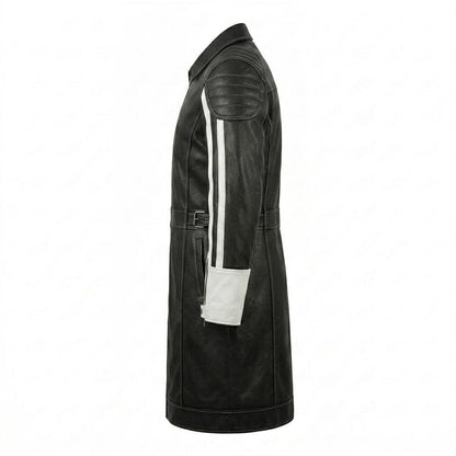 Side profile of black white leather biker trench coat for men