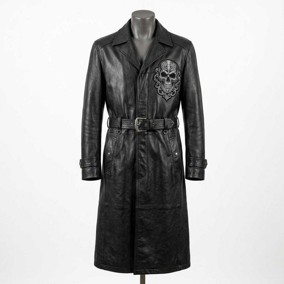 Front view of men black leather trench coat with Gothic skull embroidery