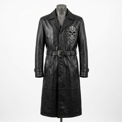 Front view of men black leather trench coat with Gothic skull embroidery
