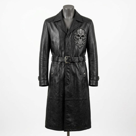Front view of men black leather trench coat with Gothic skull embroidery