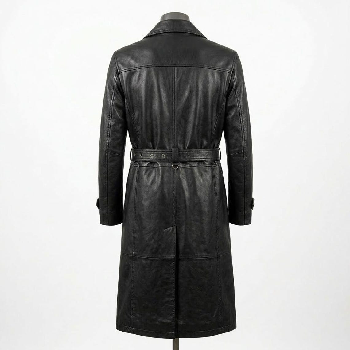Back view of men black leather trench coat with embroidered skull design