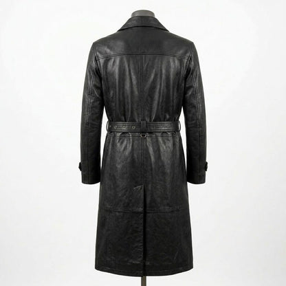 Back view of men black leather trench coat with embroidered skull design