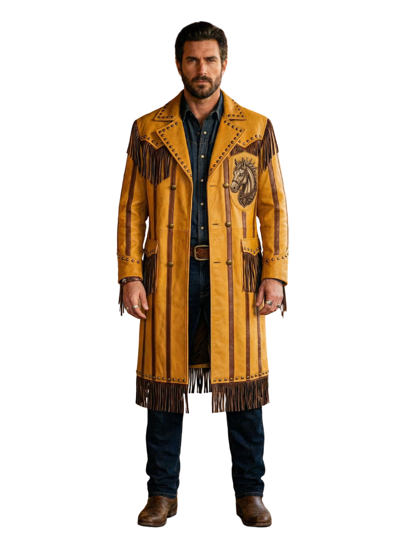  Front view of men yellow leather western duster coat with fringe