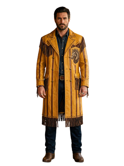  Front view of men yellow leather western duster coat with fringe