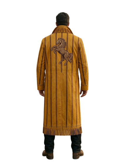 Back view showing embroidered bull skull on yellow leather western duster coat
