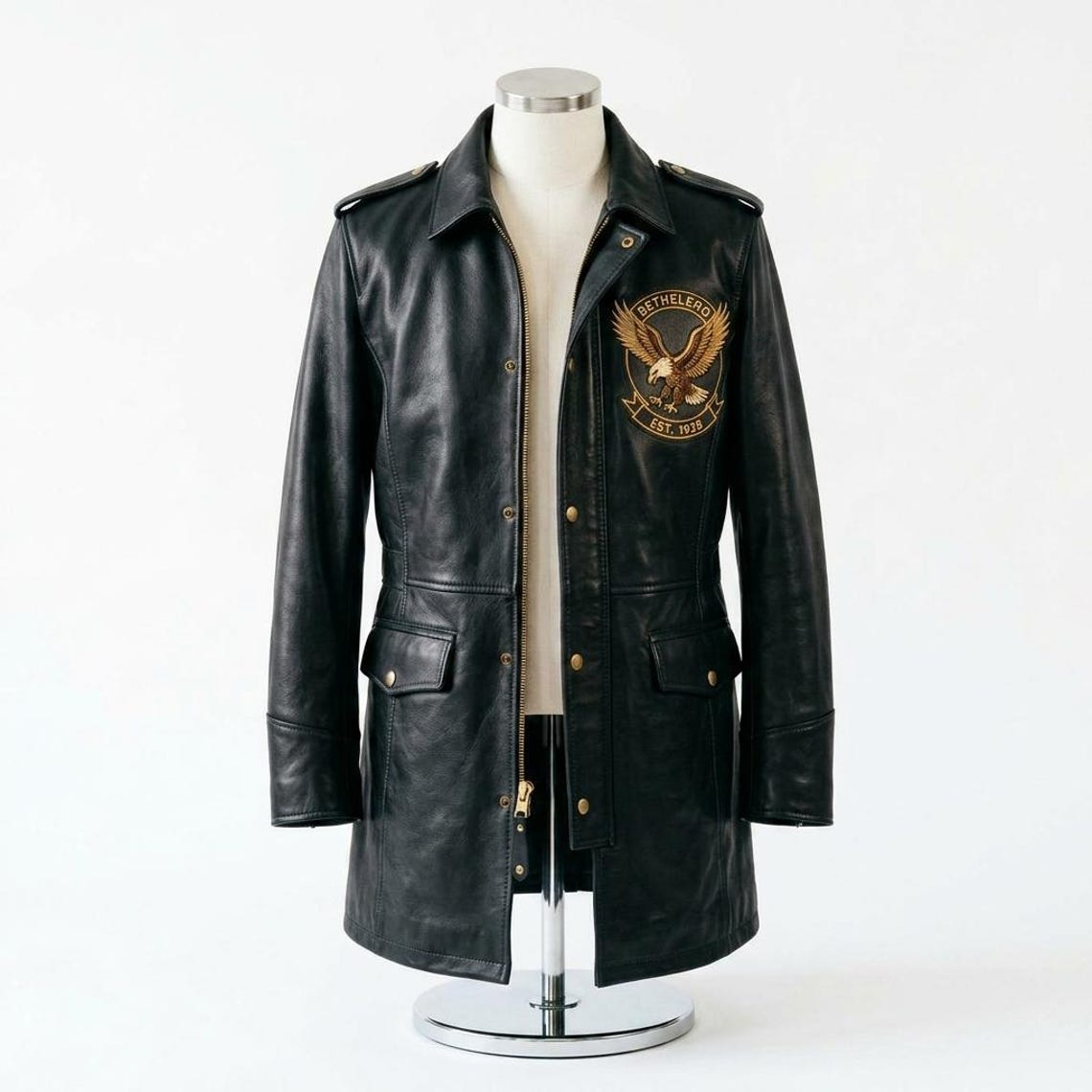 Front view of men black leather long coat minimal street style